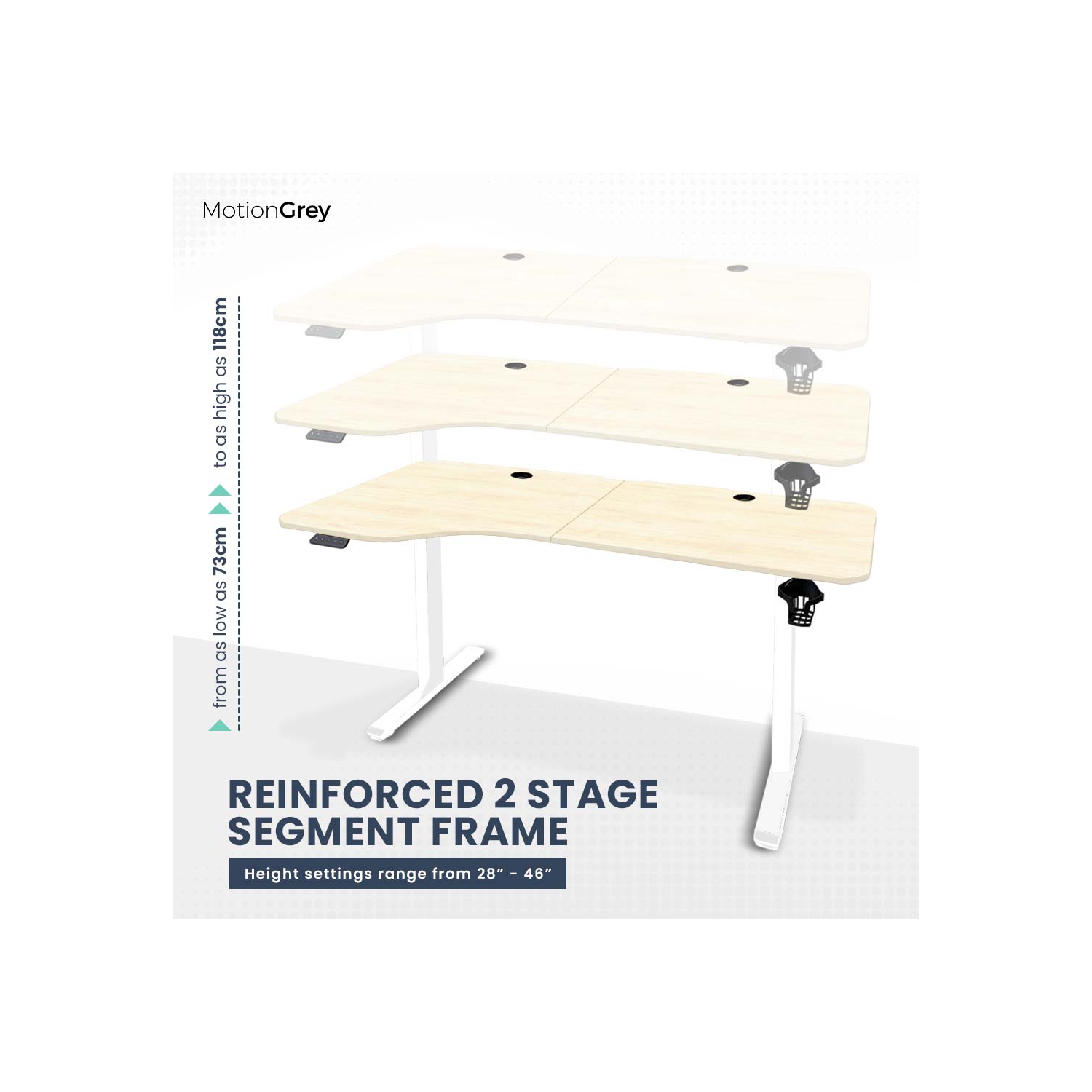 MotionGrey Ergo2 – Bureau debout électrique gauche réglable en L avec réglages de mémoire – Bureau ergonomique avec dessus blanc clair de 63 x