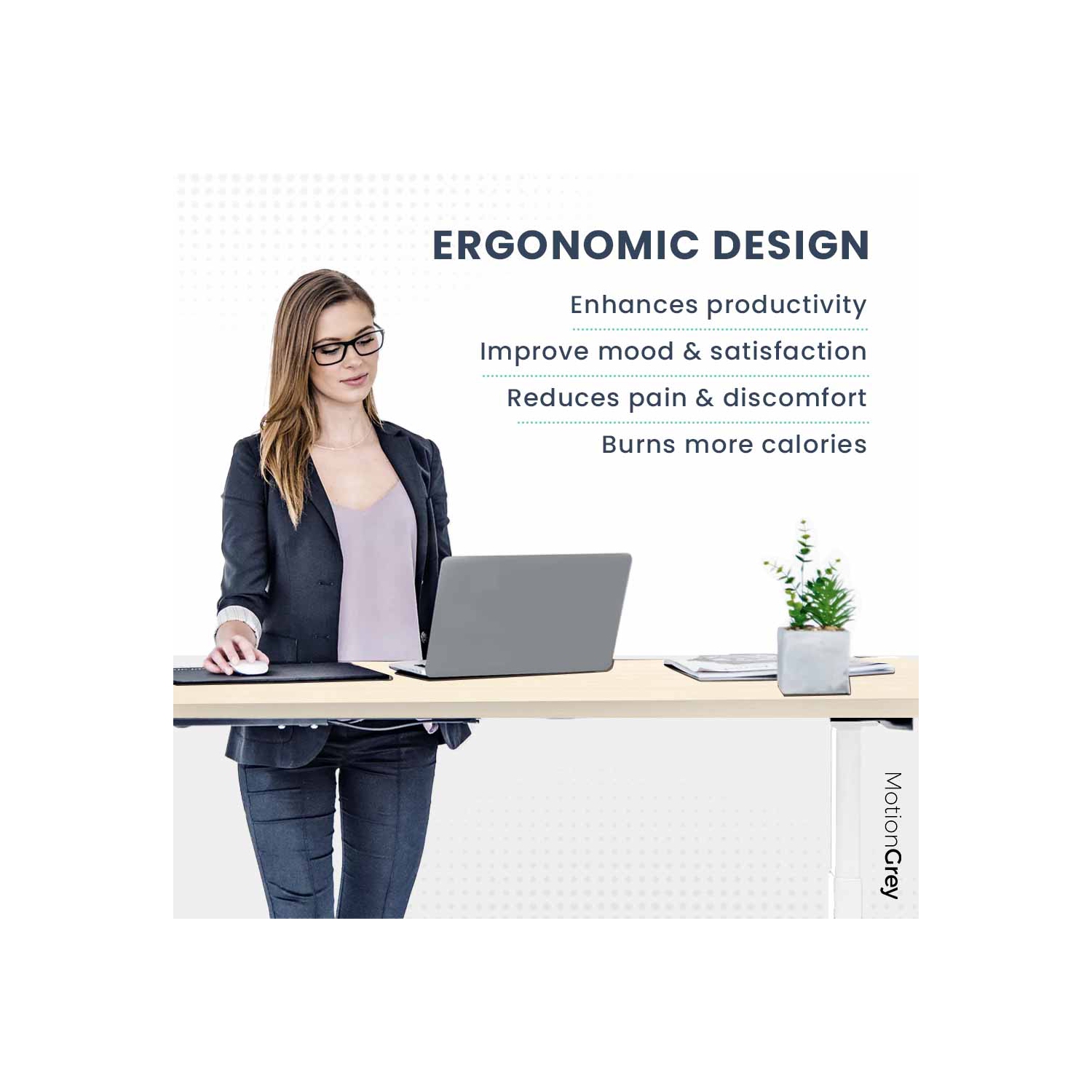 MotionGrey Ergo2 – Bureau debout électrique gauche réglable en L avec réglages de mémoire – Bureau ergonomique avec dessus blanc clair de 63 x