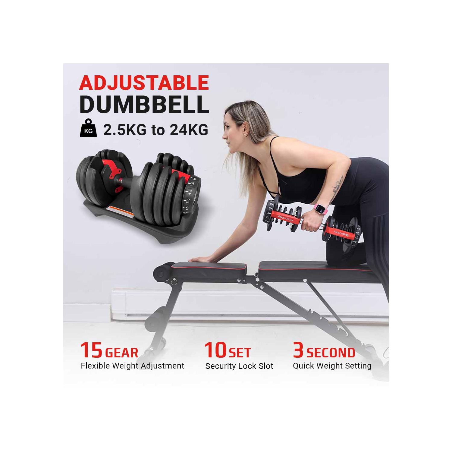 Ensemble d'haltères réglables MotionGrey de 5 à 52,5 lb, poignée et corde à sauter gratuites incluses, 15 réglages de poids, poignée antidérapante,