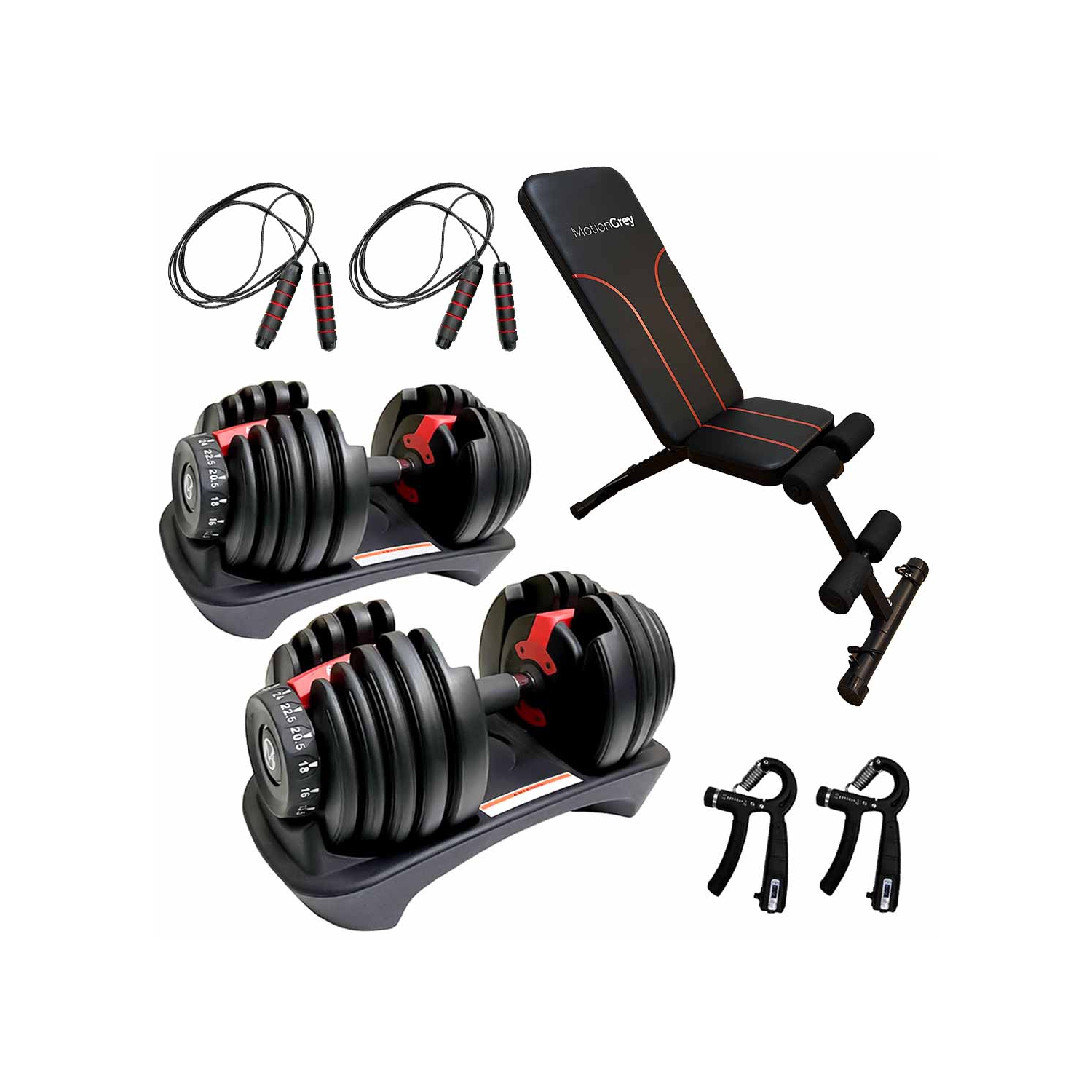 Haltères réglables MotionGrey de 5-52,5 lb avec poignée haute résistance et banc d'entraînement, corde à sauter et ensemble de mains antidérapantes