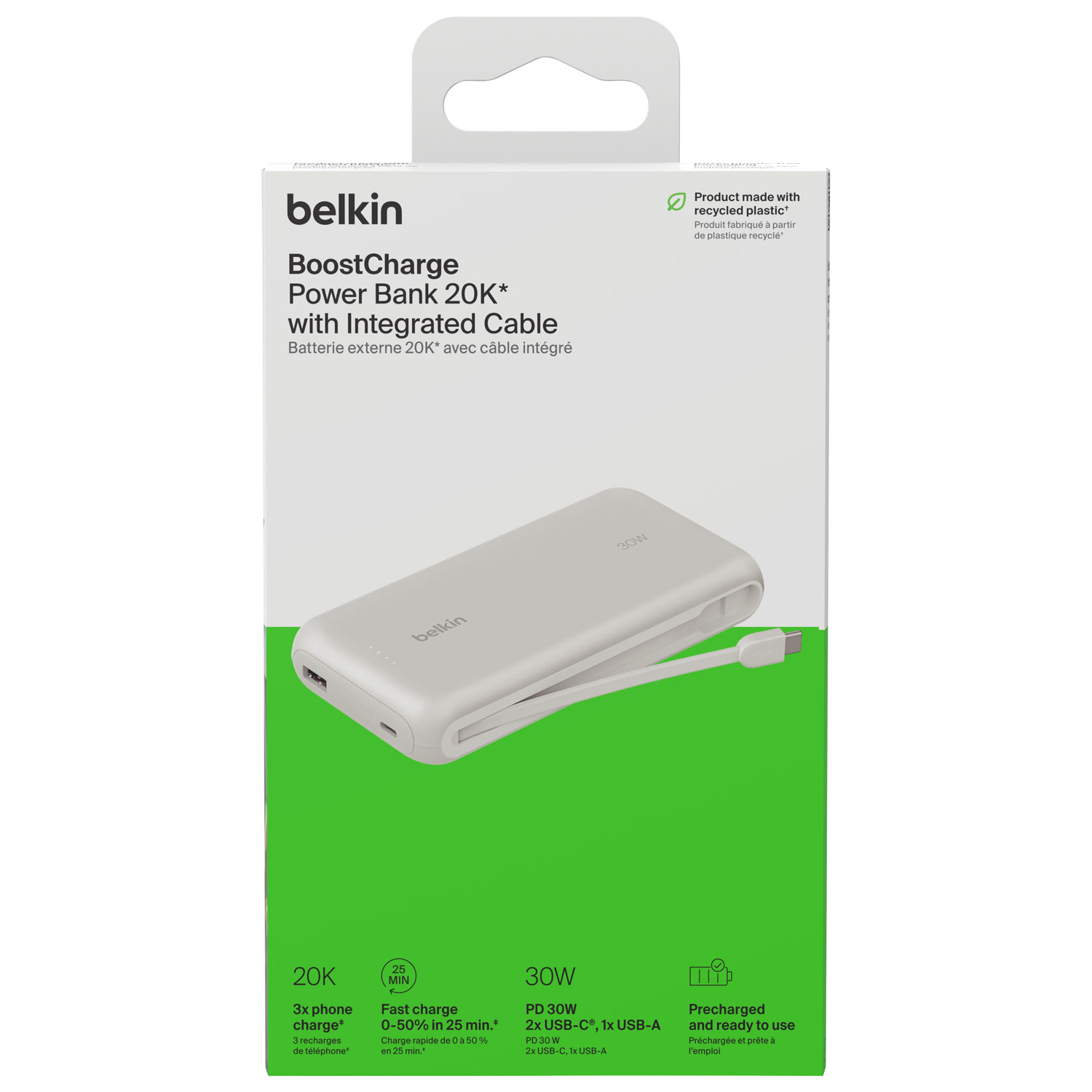 Chargeur portable USB-A/USB-C de 20 000 mAh BoostCharge de Belkin - Blanc