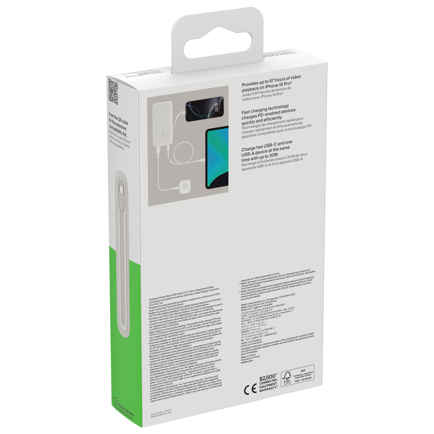 Chargeur portable USB-A/USB-C de 20 000 mAh BoostCharge de Belkin - Blanc