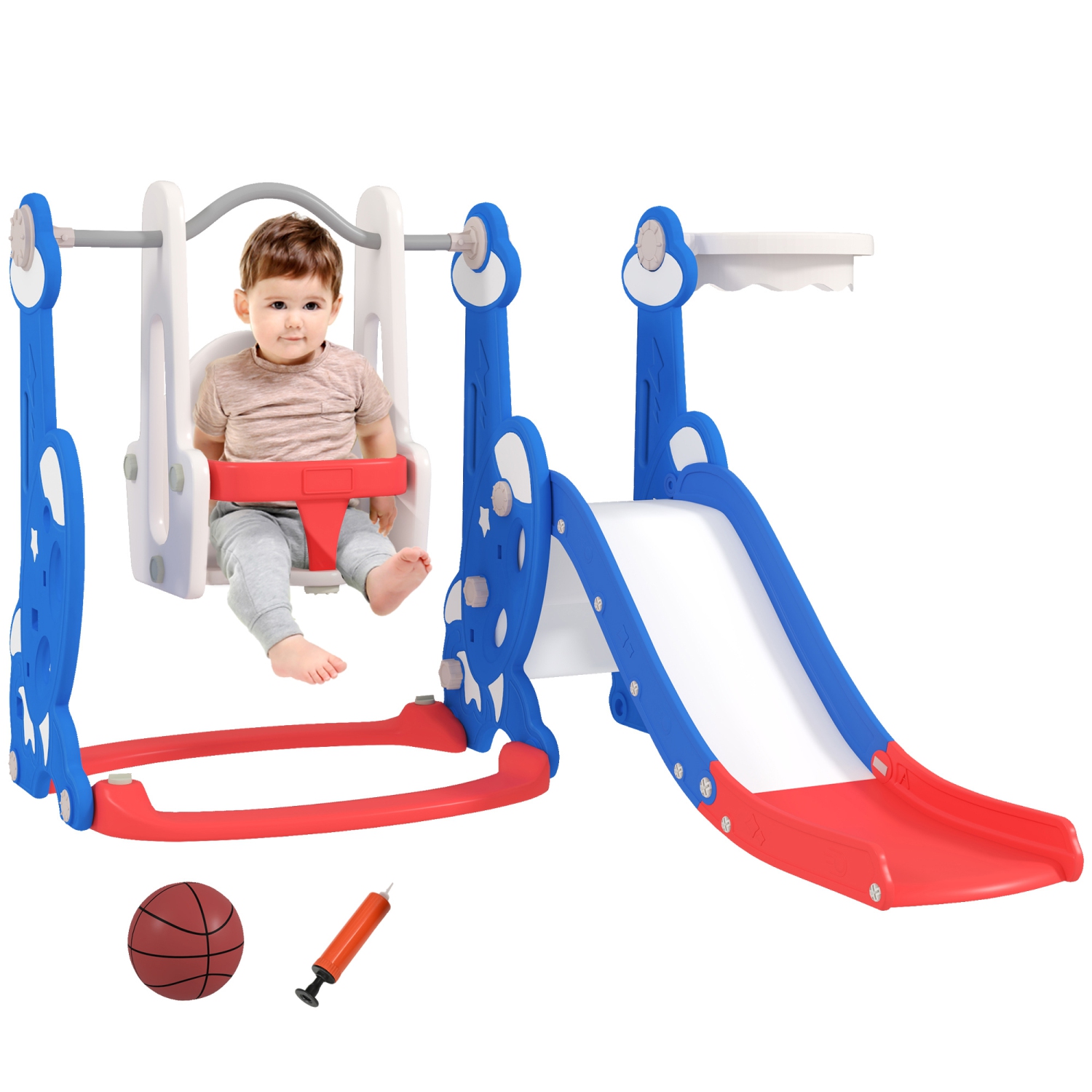 Qaba 4-in-1 Toddler Slide, Baby Kids Indoor Slide and Swing Set with Basketball Hoop, Climber, Indoor Playground for Ages 1.5-4 Boys Girls Toddler,