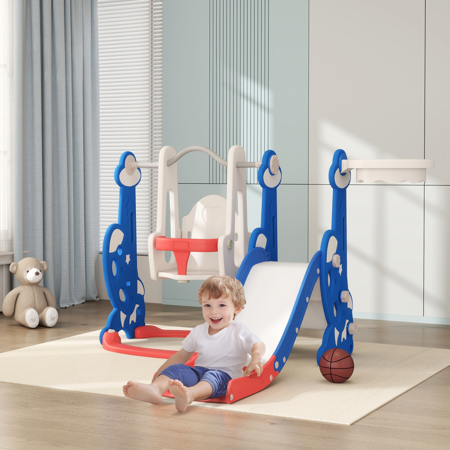 Qaba 4-in-1 Toddler Slide, Baby Kids Indoor Slide and Swing Set with Basketball Hoop, Climber, Indoor Playground for Ages 1.5-4 Boys Girls Toddler,