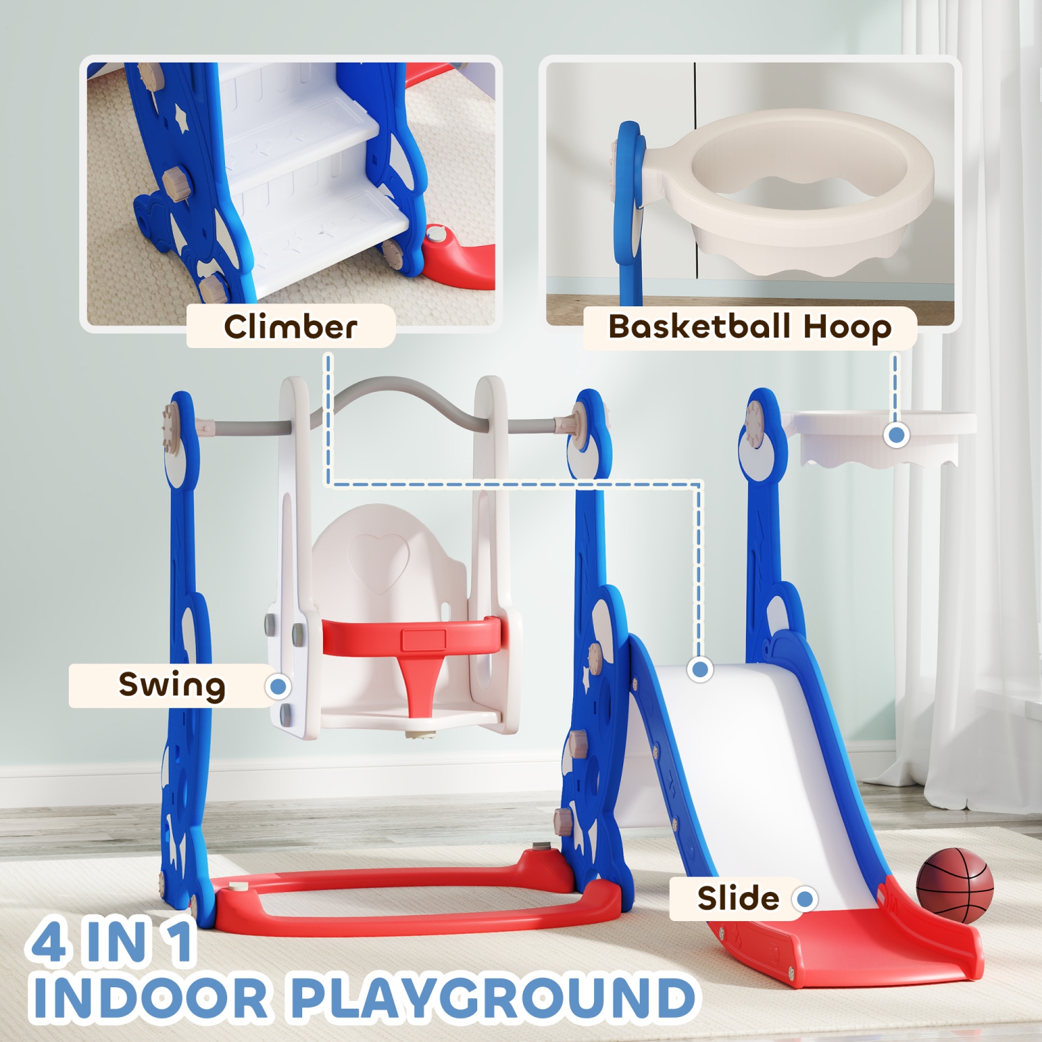 Qaba 4-in-1 Toddler Slide, Baby Kids Indoor Slide and Swing Set with Basketball Hoop, Climber, Indoor Playground for Ages 1.5-4 Boys Girls Toddler,