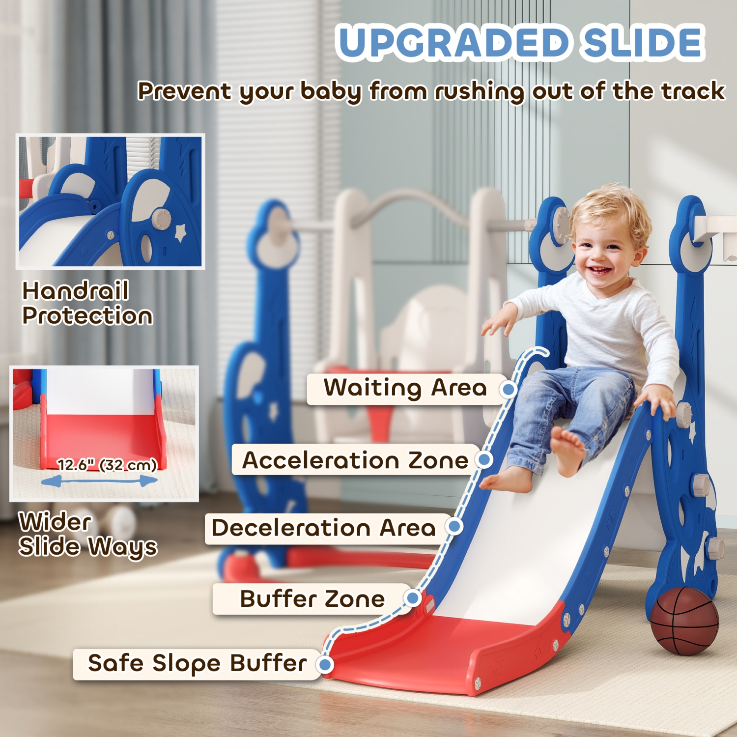 Qaba 4-in-1 Toddler Slide, Baby Kids Indoor Slide and Swing Set with Basketball Hoop, Climber, Indoor Playground for Ages 1.5-4 Boys Girls Toddler,