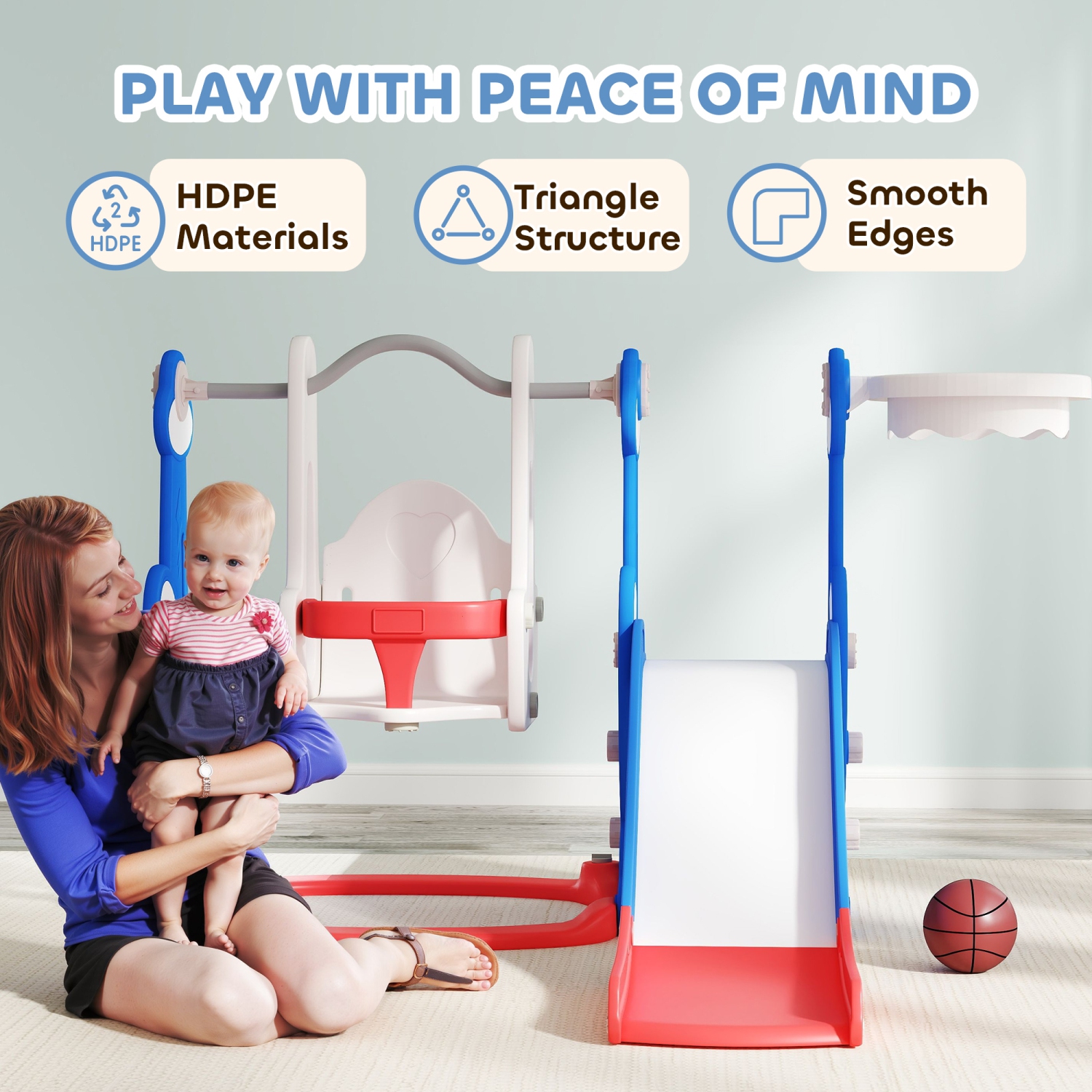 Qaba 4-in-1 Toddler Slide, Baby Kids Indoor Slide and Swing Set with Basketball Hoop, Climber, Indoor Playground for Ages 1.5-4 Boys Girls Toddler,