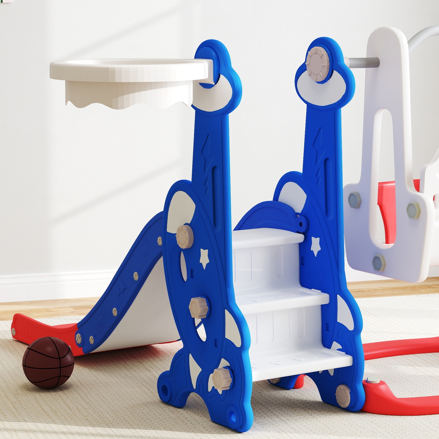 Qaba 4-in-1 Toddler Slide, Baby Kids Indoor Slide and Swing Set with Basketball Hoop, Climber, Indoor Playground for Ages 1.5-4 Boys Girls Toddler,