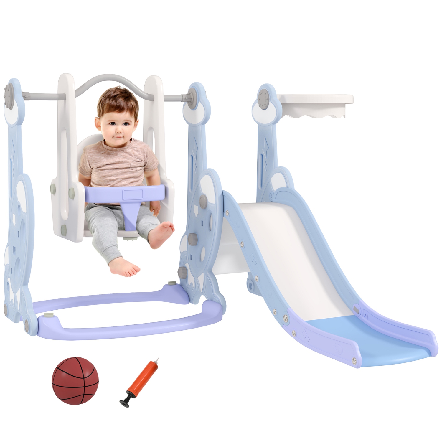 Ensemble coulissant et balançoire 4-en-1 de Qaba avec panier de basketball, bloc d'escalade, ensemble de balançoires pour bébé pour enfants de 1.5-4