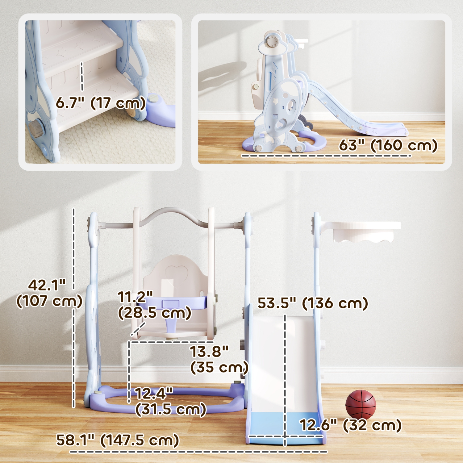 Ensemble coulissant et balançoire 4-en-1 de Qaba avec panier de basketball, bloc d'escalade, ensemble de balançoires pour bébé pour enfants de 1.5-4