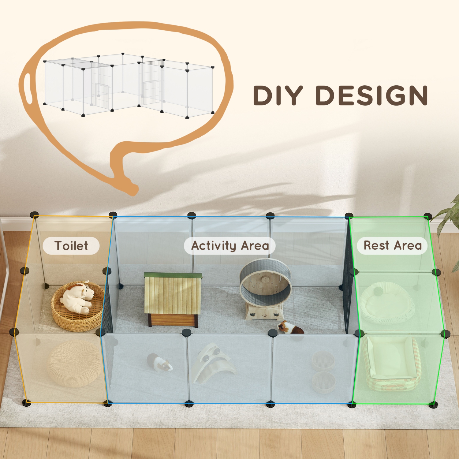 PawHut Pet Playpen, Customizable Small Animal Cage Playpen, Guinea Pig Cage Rabbit Pen Indoor with Door, Top Cover, for Hedgehog, 20 Panels