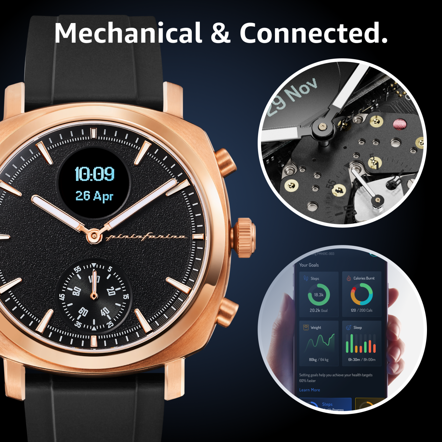 pininfarina Senso Sport 44mm Smartwatch - Analogue Watch with Digital Display, Tracks Heart Rate, Steps, Calories, Sleep, Fitness - Sunburst Rose Gold