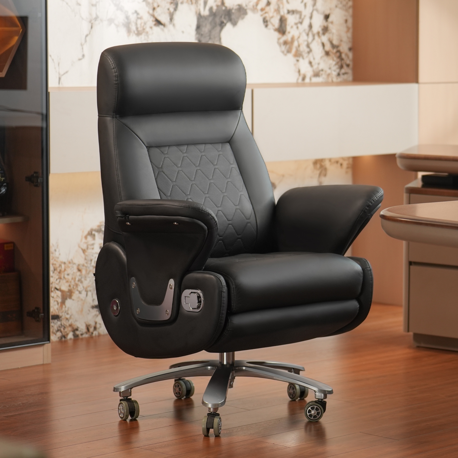 Kinnls Luca Power Office Recliner Chair with Heated Ventilation,Executive Full Reclining Desk Chairs with Massage Modern Comfortable Genuine Leather