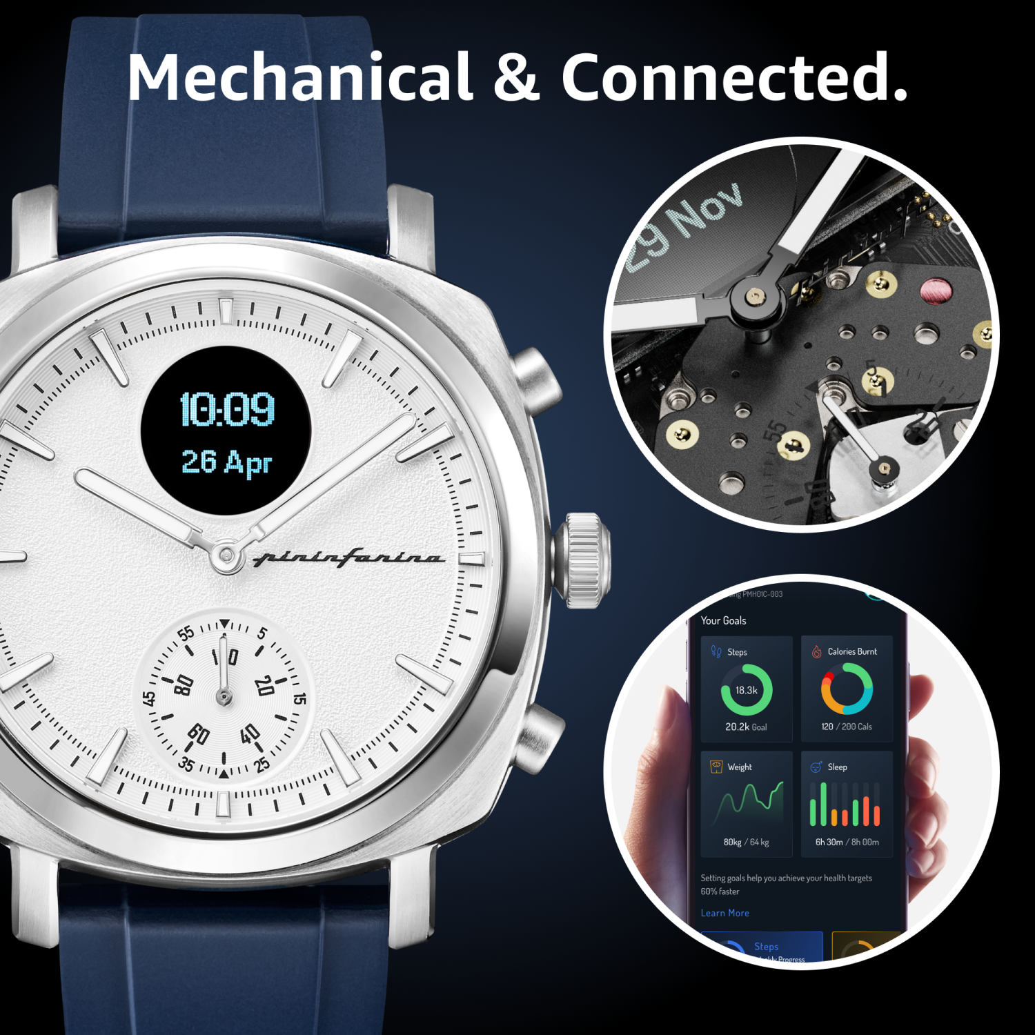 pininfarina Senso Sport 44mm Smartwatch - Analogue Watch with Digital Display, Tracks Heart Rate, Steps, Calories, Sleep, Fitness - Moonlight Silver