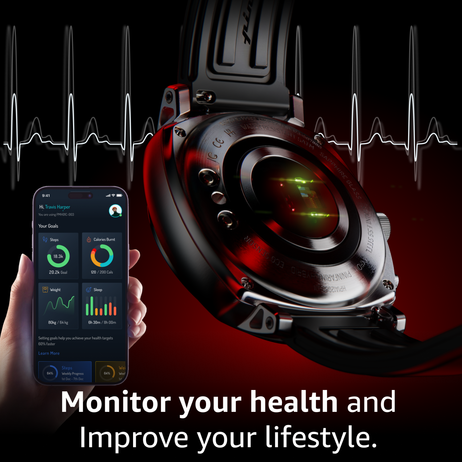 pininfarina Senso Sport 44mm Smartwatch - Analogue Watch with Digital Display, Tracks Heart Rate, Steps, Calories, Sleep, Fitness - Moonlight Silver