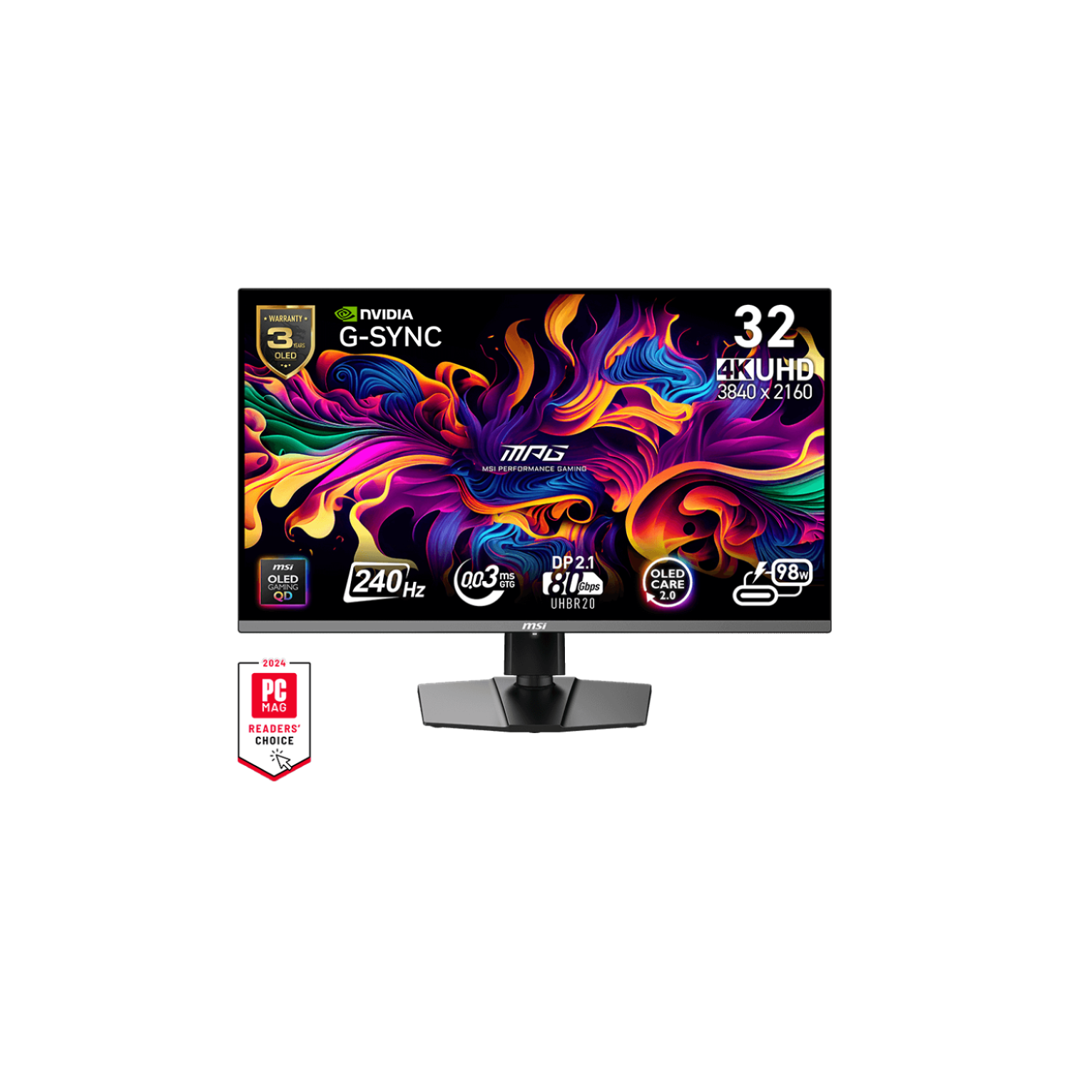 MSI 32" 3840 x 2160 240Hz 0.03ms (GTG) QD-OLED Gaming Monitor DP 2.1, Tilt Swivel Height Pivot adjustable (MPG 322URX QD-OLED)