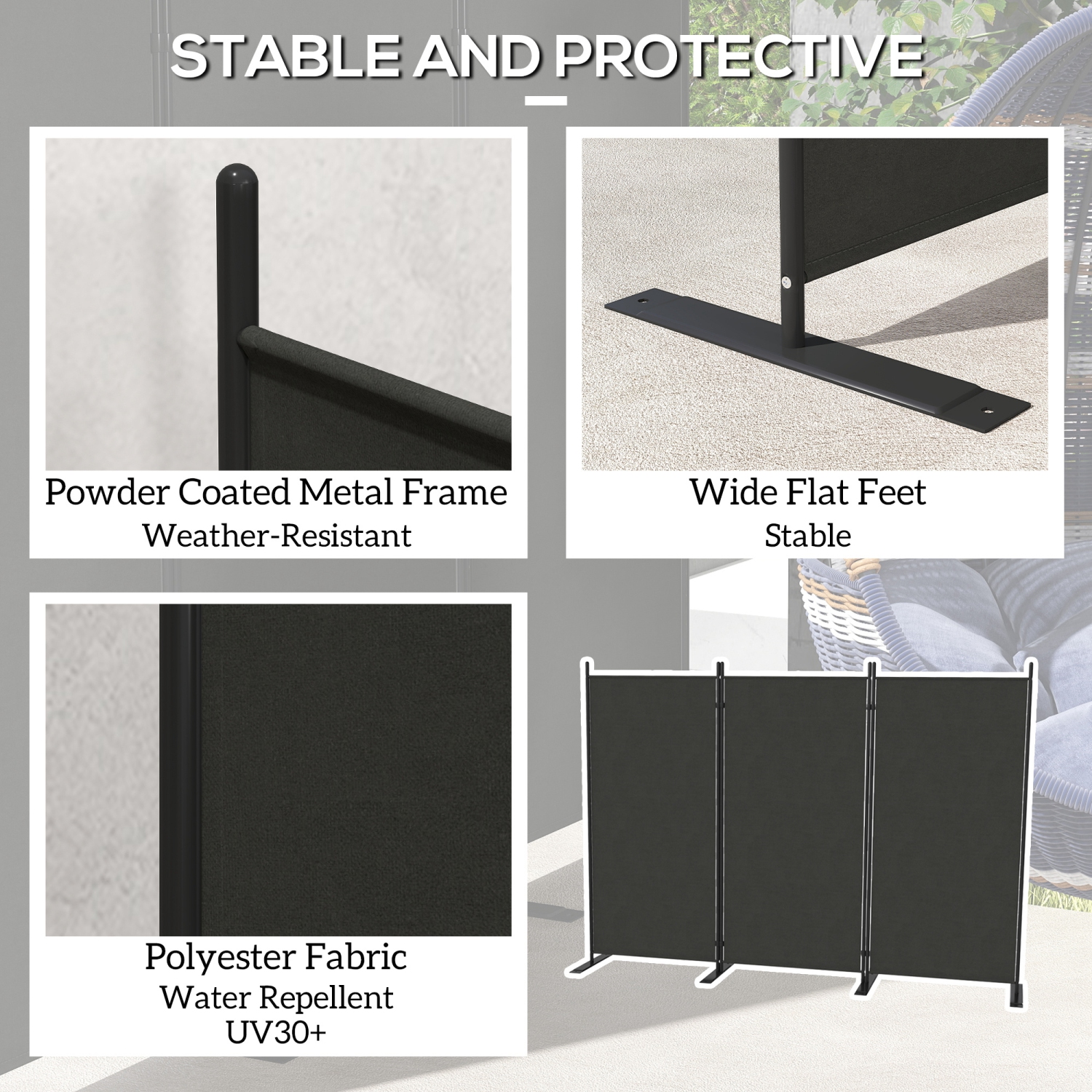 Outsunny 3 Panel Folding Outdoor Privacy Screen, 5.8FT Tall Room Divider with UV30+ Protection, Freestanding Privacy Panel Partition with Stable Base