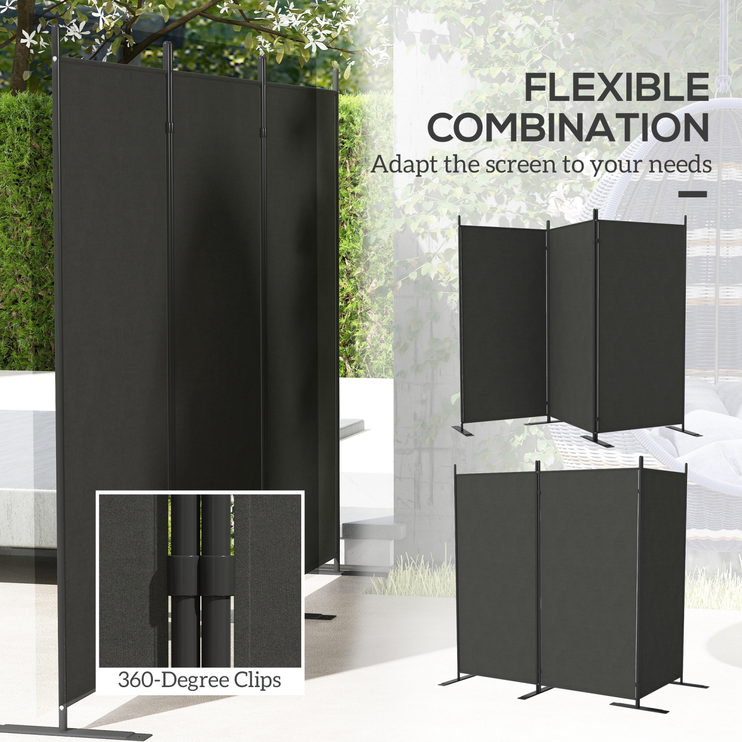 Outsunny 3 Panel Folding Outdoor Privacy Screen, 5.8FT Tall Room Divider with UV30+ Protection, Freestanding Privacy Panel Partition with Stable Base