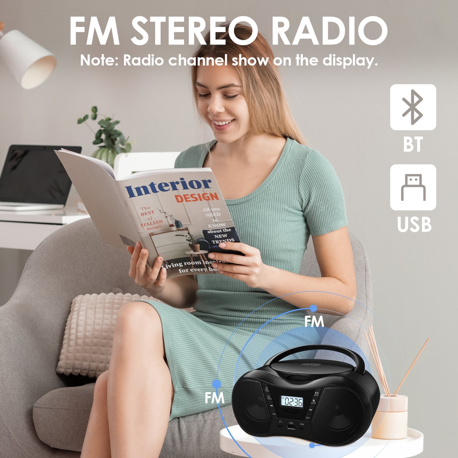 Home Portable CD Player,Boombox with AM/FM Radio,Bluetooth,USB,Boombox Portable CD Players for Home and Office-Black