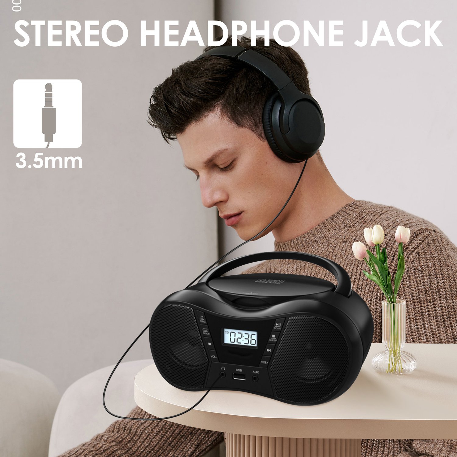 Home Portable CD Player,Boombox with AM/FM Radio,Bluetooth,USB,Boombox Portable CD Players for Home and Office-Black