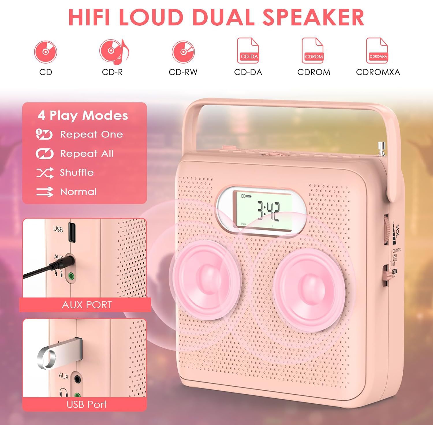 Portable CD Player for Home,Handheld Radio CD Player,Bluetooth CD Player with Dual Speakers FM Radio LCD Display Support USB AUX Playback Headphone