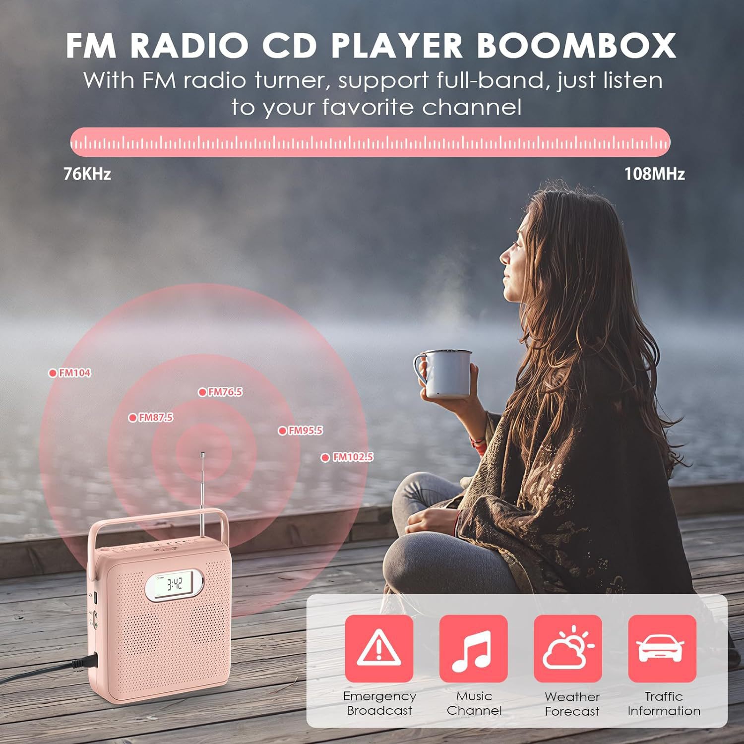 Portable CD Player for Home,Handheld Radio CD Player,Bluetooth CD Player with Dual Speakers FM Radio LCD Display Support USB AUX Playback Headphone