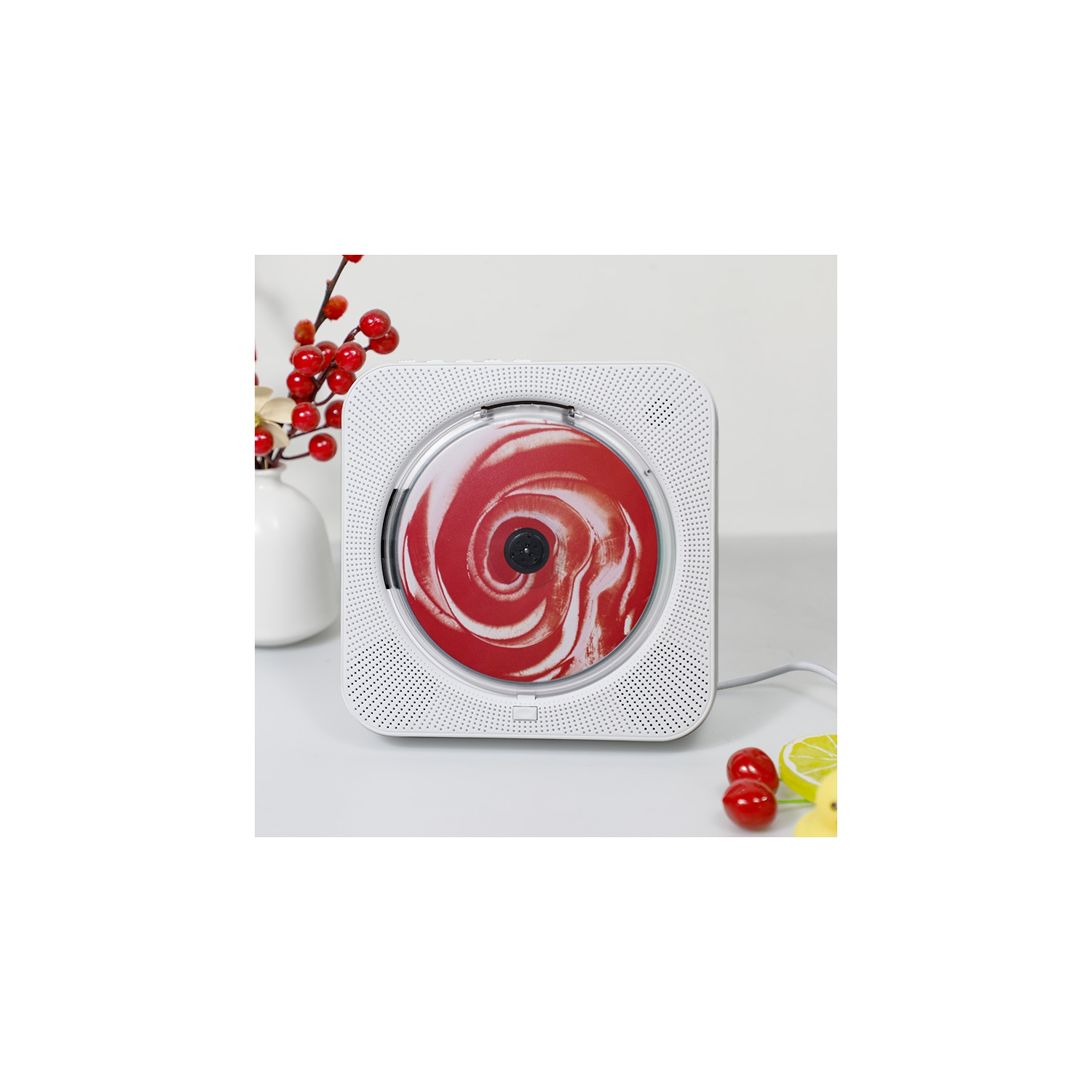 Lecteur CD portatif Bluetooth avec haut-parleur haute fidélité, télécommande, housse antipoussière, écran LED, radio FM, USB/auxiliaire blanc