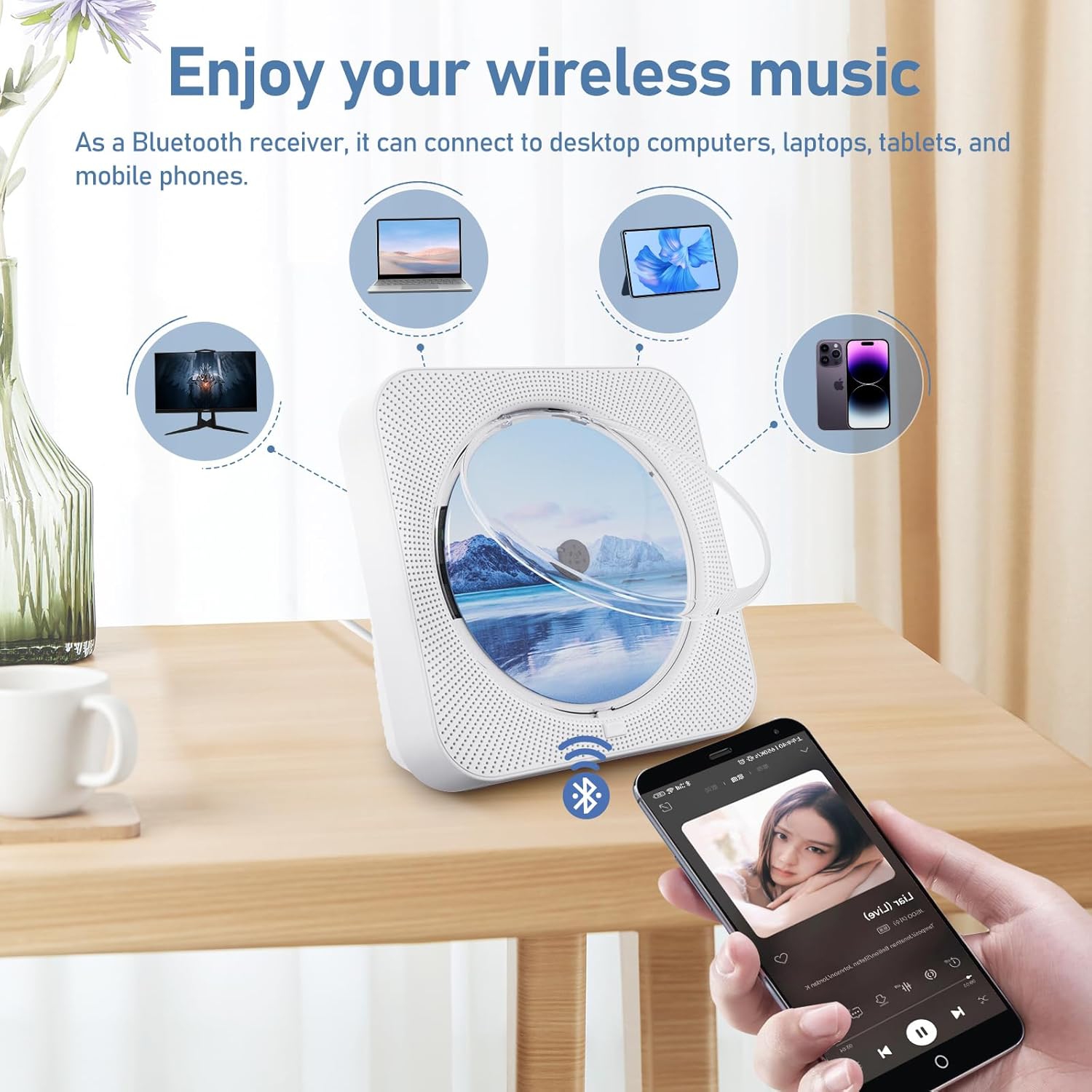 Lecteur CD portatif Bluetooth avec haut-parleur haute fidélité, télécommande, housse antipoussière, écran LED, radio FM, USB/auxiliaire blanc