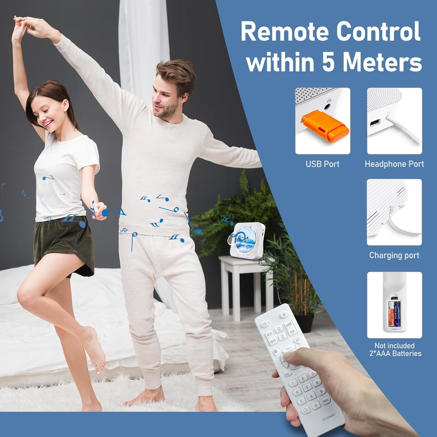 Lecteur CD portatif Bluetooth avec haut-parleur haute fidélité, télécommande, housse antipoussière, écran LED, radio FM, USB/auxiliaire blanc