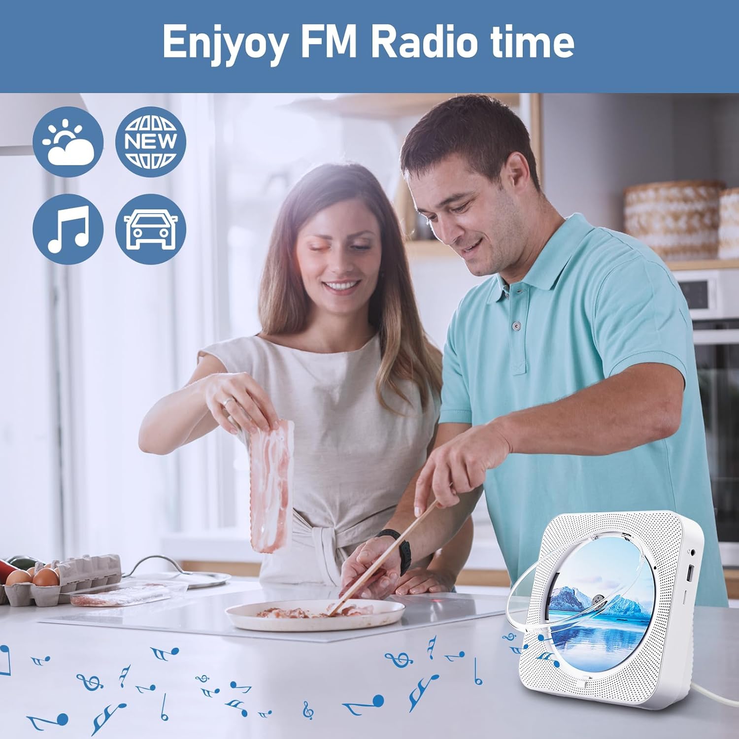 Lecteur CD portatif Bluetooth avec haut-parleur haute fidélité, télécommande, housse antipoussière, écran LED, radio FM, USB/auxiliaire blanc