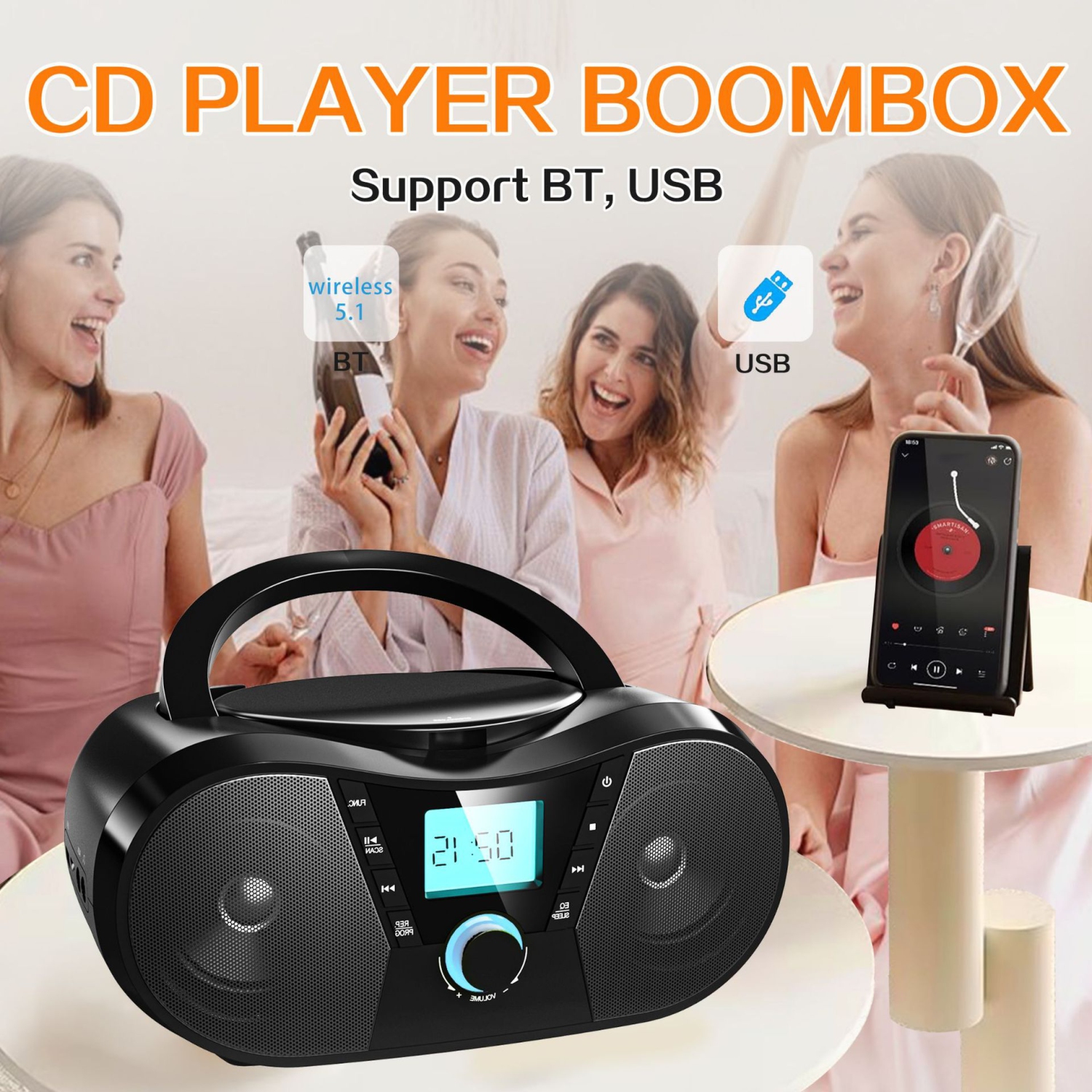 Minichaîne portative avec lecteur CD Bluetooth, lecteur CD portatif, minichaîne stéréo avec radio FM, lecteur MP3, entrée auxiliaire pour écouteurs,