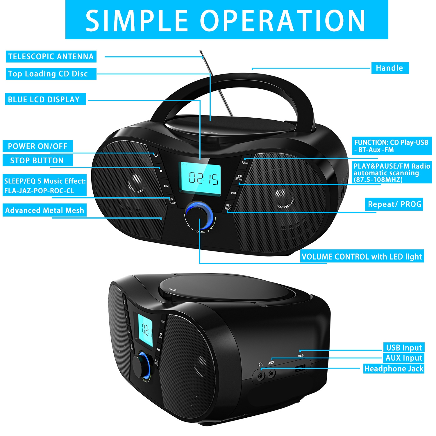 Minichaîne portative avec lecteur CD Bluetooth, lecteur CD portatif, minichaîne stéréo avec radio FM, lecteur MP3, entrée auxiliaire pour écouteurs,