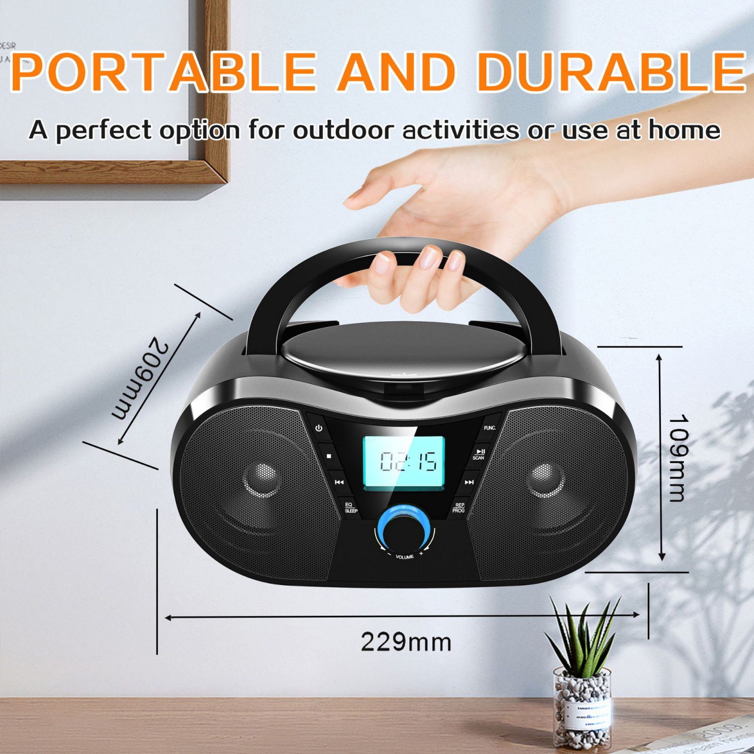 Minichaîne portative avec lecteur CD Bluetooth, lecteur CD portatif, minichaîne stéréo avec radio FM, lecteur MP3, entrée auxiliaire pour écouteurs,
