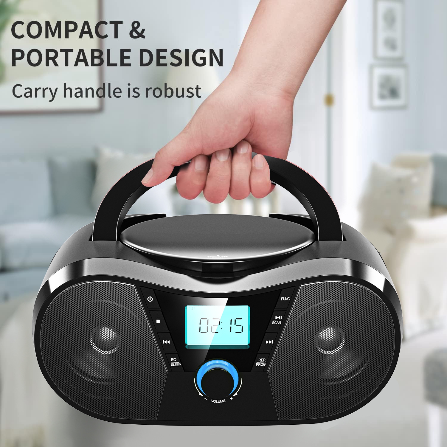 Minichaîne portative avec lecteur CD Bluetooth, lecteur CD portatif, minichaîne stéréo avec radio FM, lecteur MP3, entrée auxiliaire pour écouteurs,