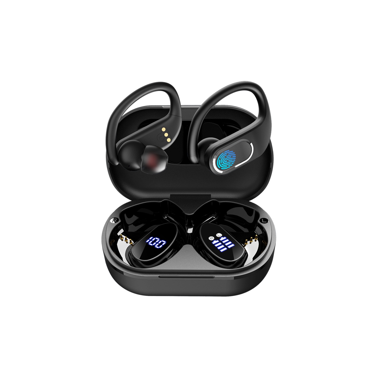 Wireless Sports Over-Ear Earphones Touch Control Headphone LED Display Ear Hook Bluetooth Headset-Black