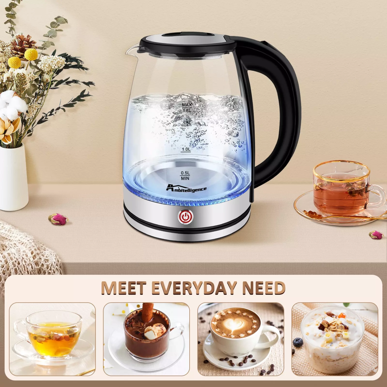 1.8L Glass Electric Kettle with LED Light, Auto Shut-Off & Keep Warm Feature