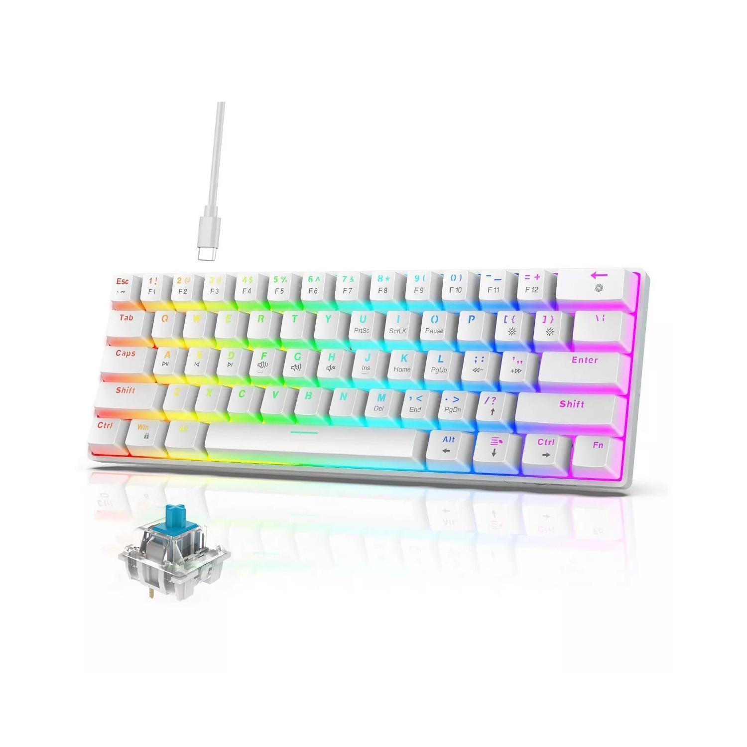 Clavier de jeu mécanique à 60 %, touches bleues, clavier de jeu rétroéclairé coloré avec fil, touches Pudding compactes