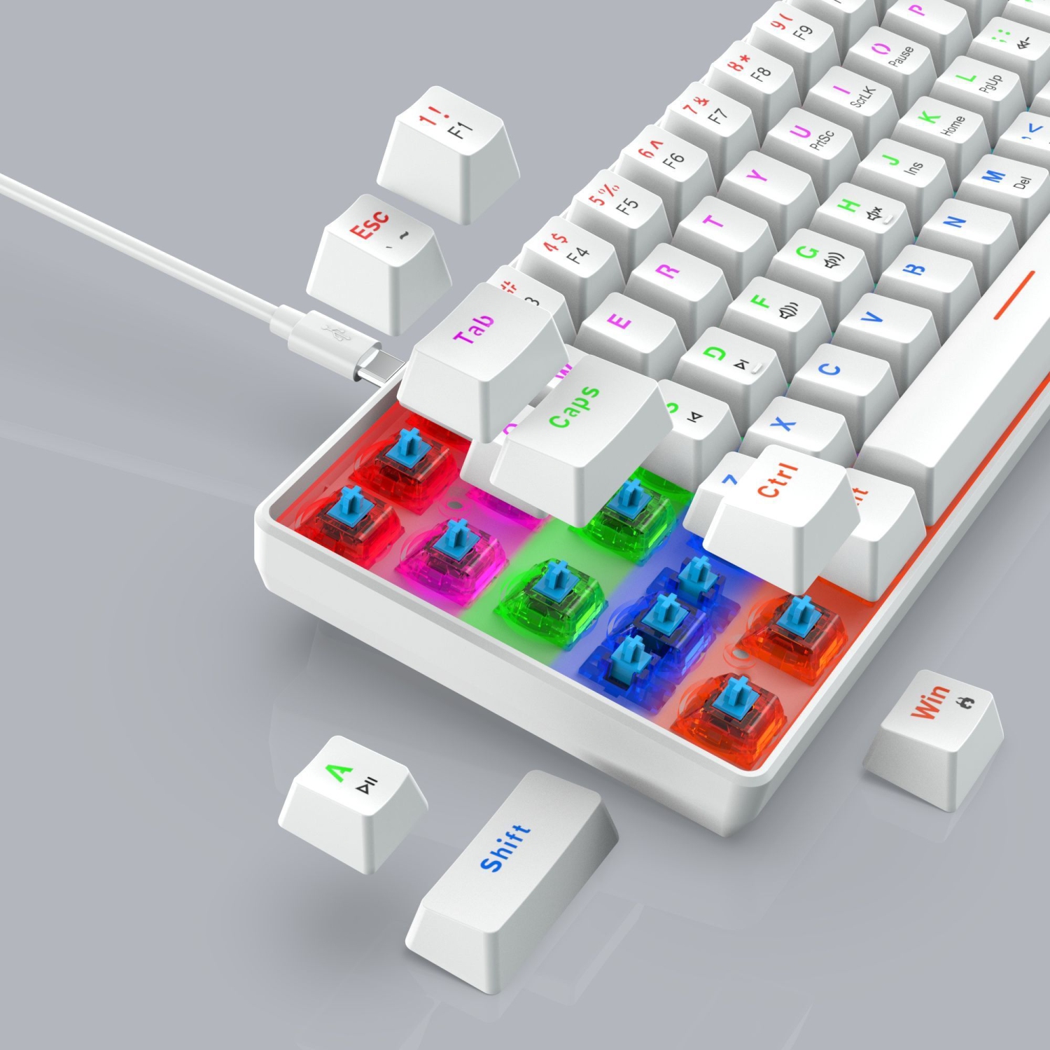 Clavier de jeu mécanique à 60 %, touches bleues, clavier de jeu rétroéclairé coloré avec fil, touches Pudding compactes