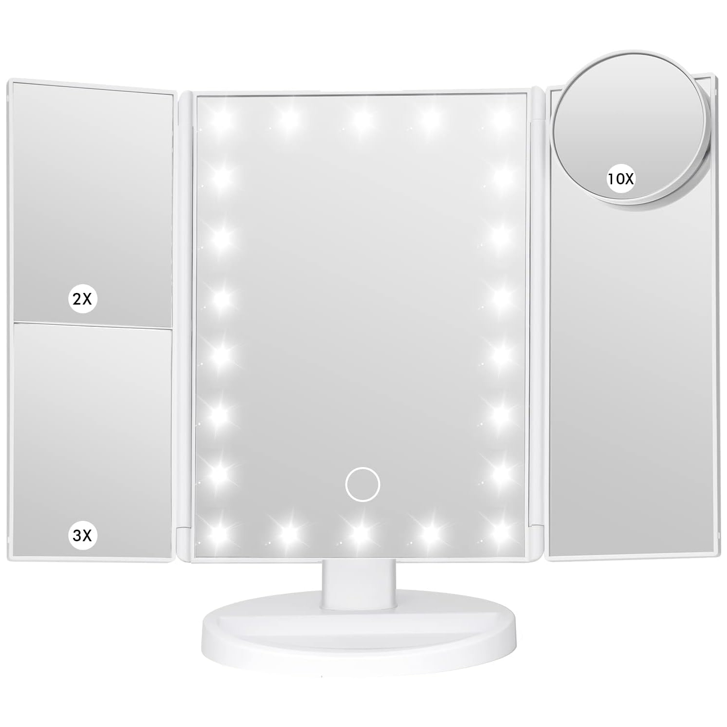 Makeup Mirror Vanity Mirror with Lights, Bathroom Adjustable Brightness Mirrors 1X/2X/3X/10X Magnification and Touch Screen Trifold Makeup Mirror
