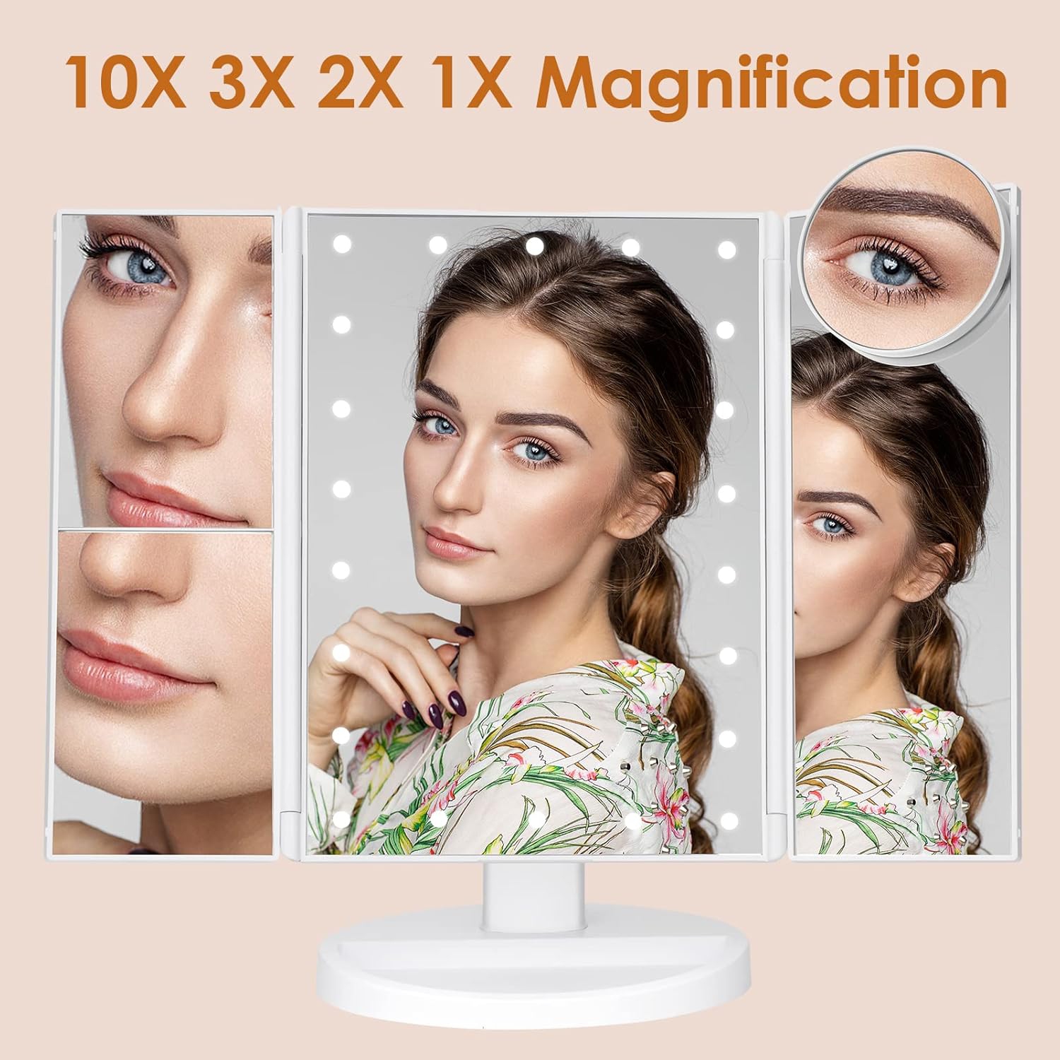Makeup Mirror Vanity Mirror with Lights, Bathroom Adjustable Brightness Mirrors 1X/2X/3X/10X Magnification and Touch Screen Trifold Makeup Mirror
