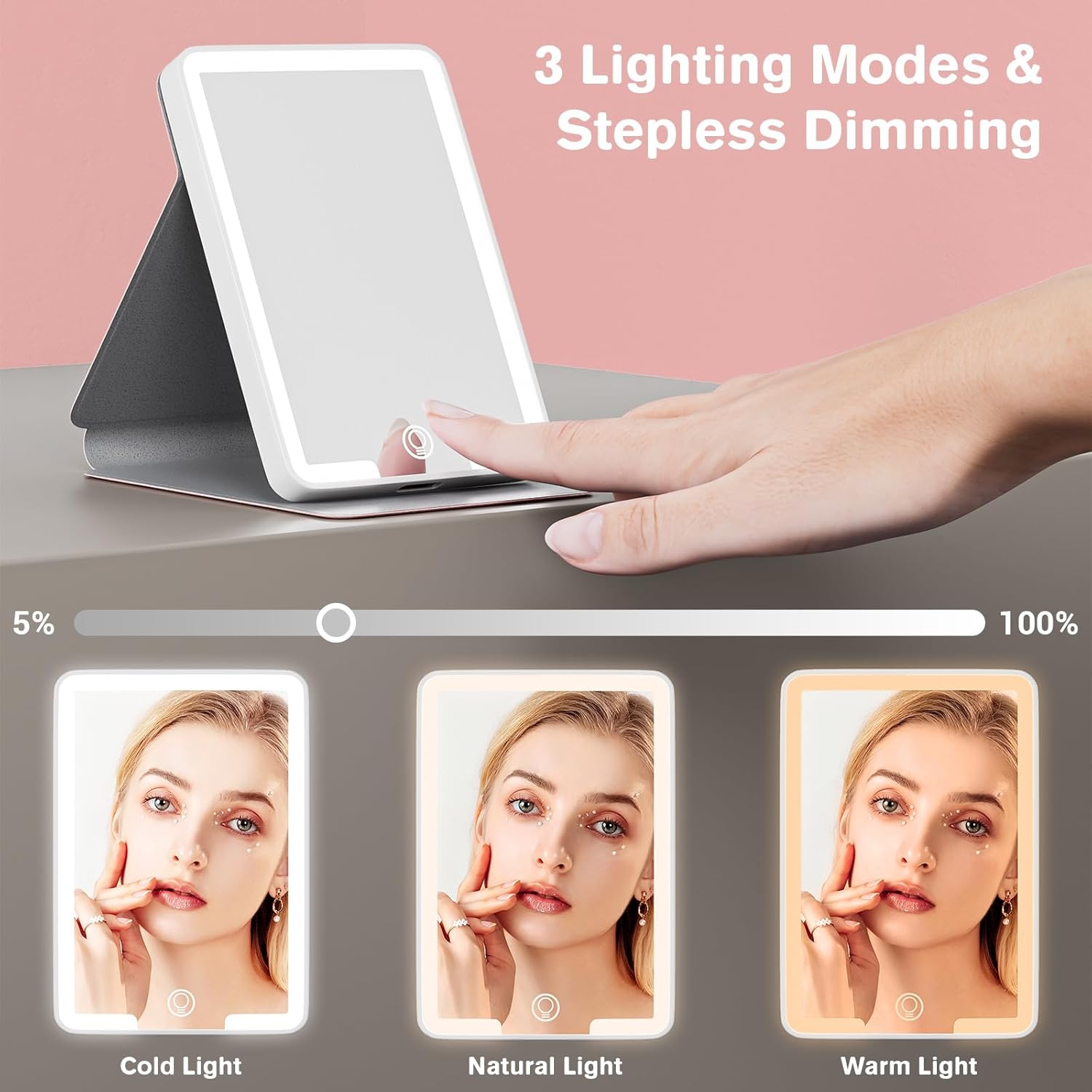 Miroir de maquillage de voyage, miroir de maquillage LED portatif de 4,6&nbsp;po * 2,95&nbsp;po, miroir de toilette tactile à intensité réglable à 3