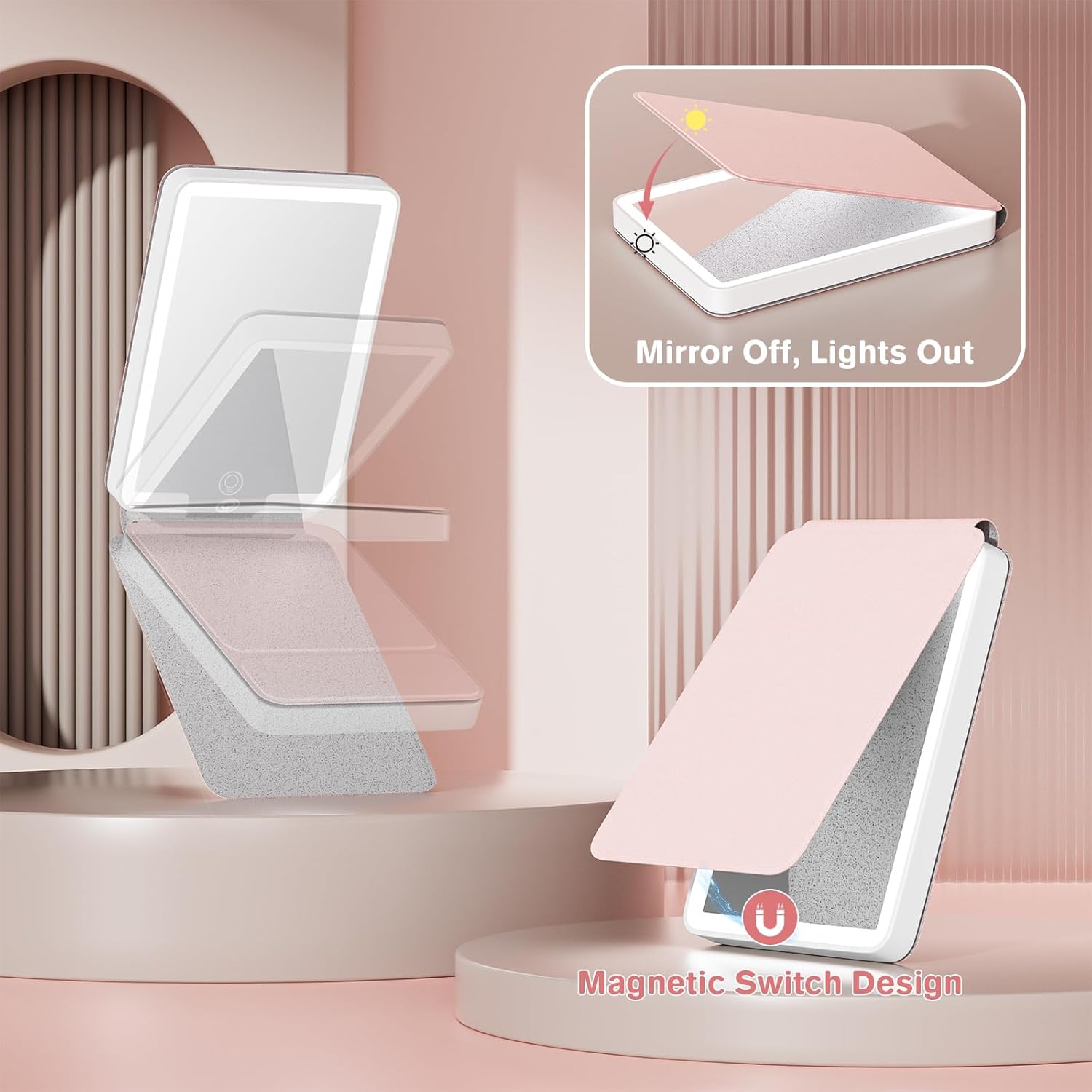 Miroir de maquillage de voyage, miroir de maquillage LED portatif de 4,6&nbsp;po * 2,95&nbsp;po, miroir de toilette tactile à intensité réglable à 3