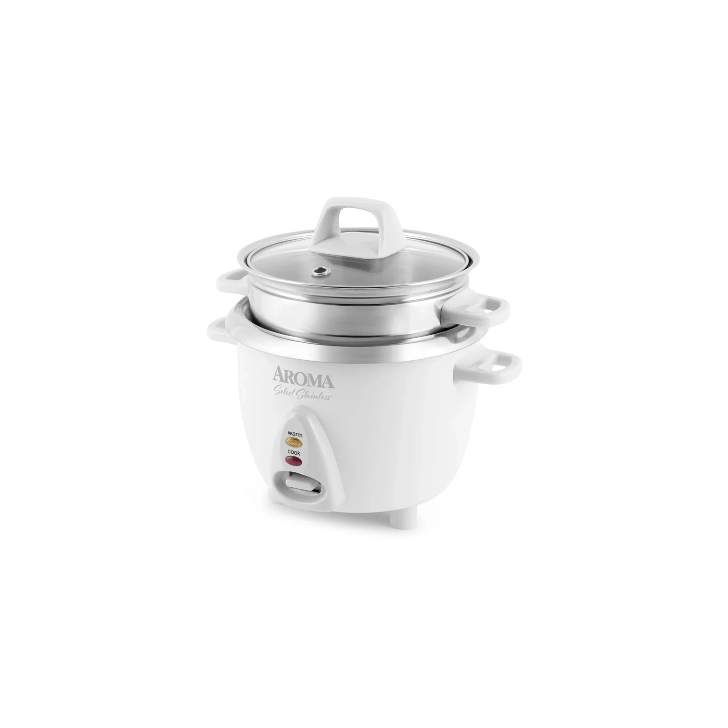 Cuiseur à riz AROMA Select 3&nbsp;tasses en acier inoxydable avec cuiseur à vapeur, blanc