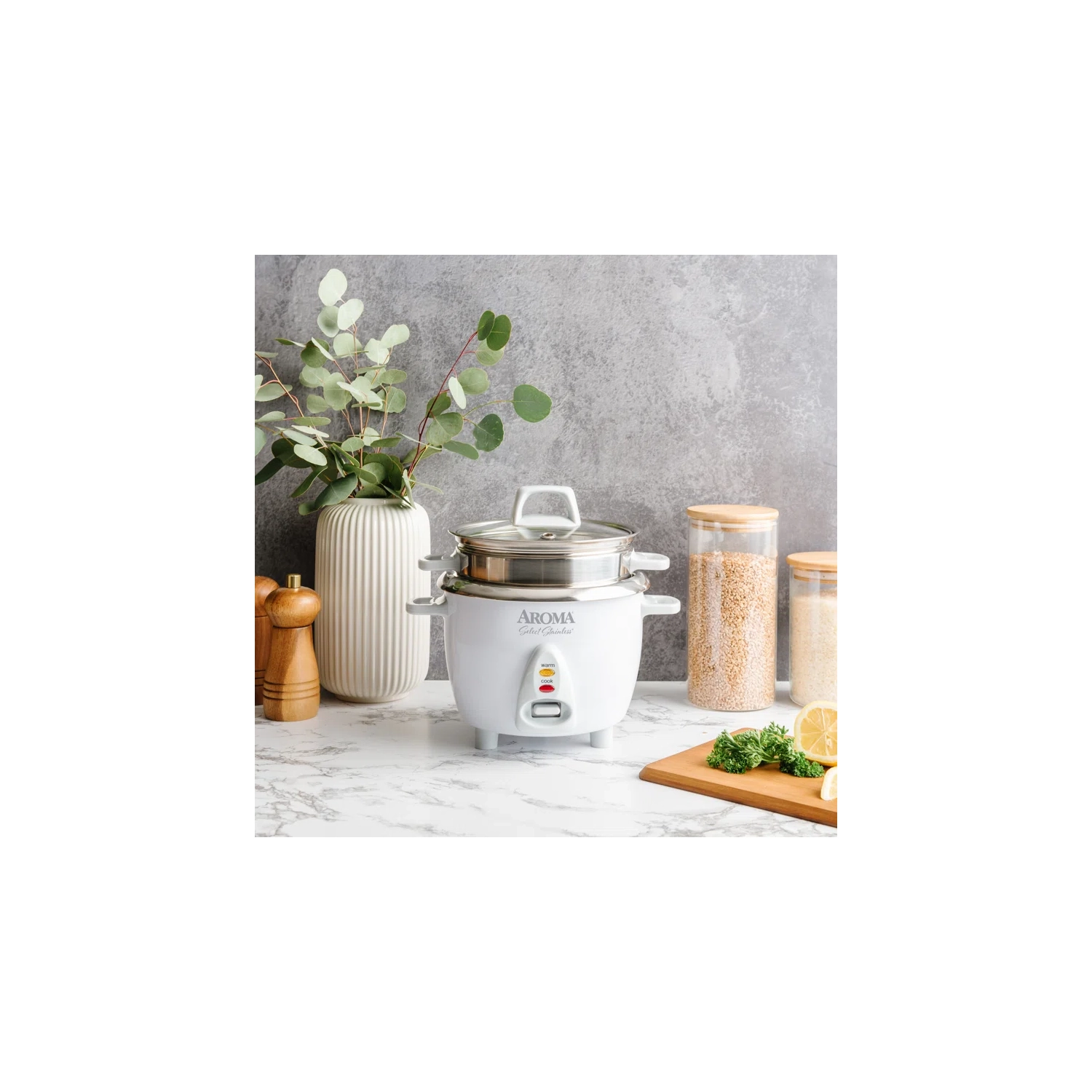 Cuiseur à riz AROMA Select 3&nbsp;tasses en acier inoxydable avec cuiseur à vapeur, blanc