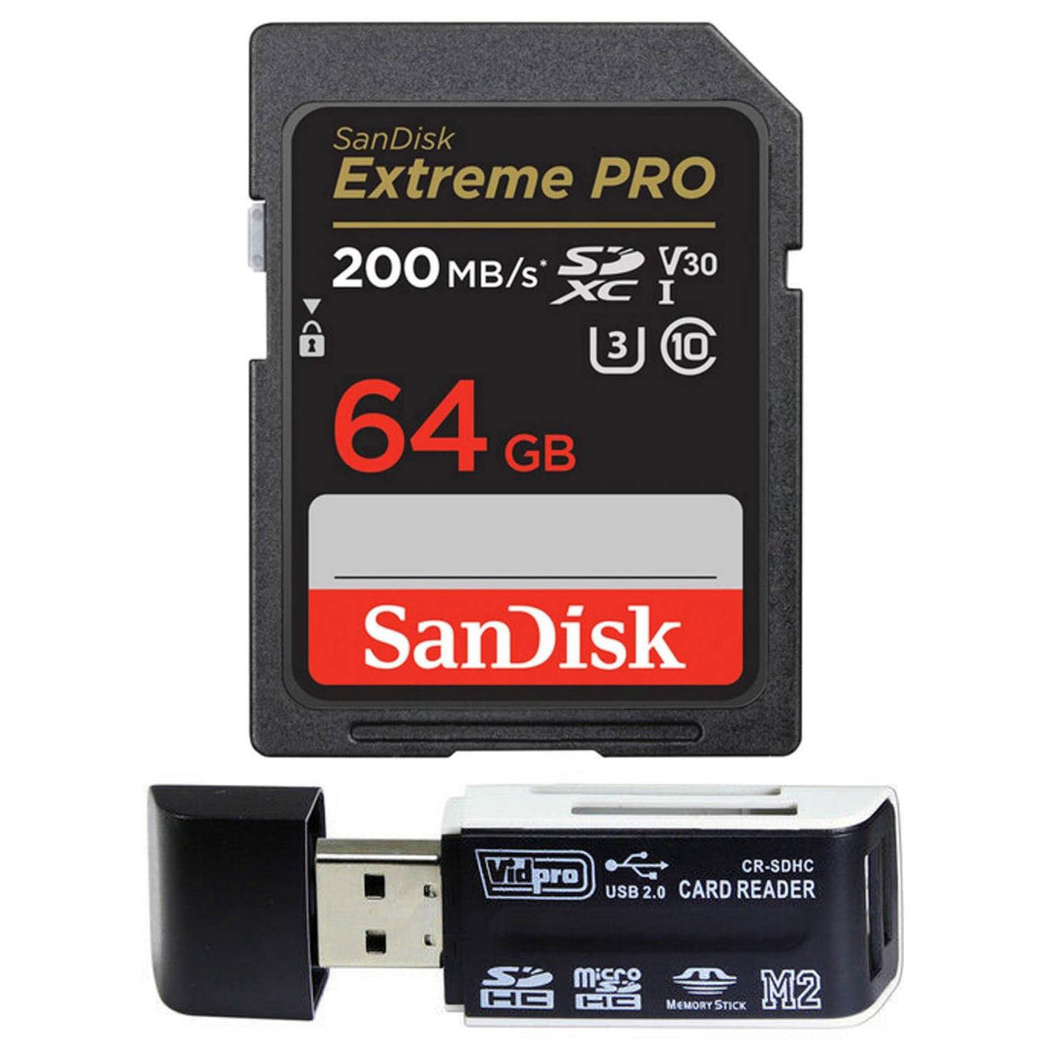SanDisk Extreme PRO 64GB UHS-I U3 SDXC Memory Card for 4K Ultra High Definition Photos and Videos Plus a USB 2.0 Card Reader