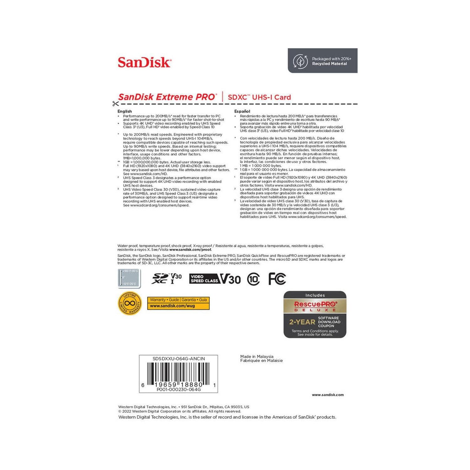 SanDisk Extreme PRO 64GB UHS-I U3 SDXC Memory Card for 4K Ultra High Definition Photos and Videos Plus a USB 2.0 Card Reader