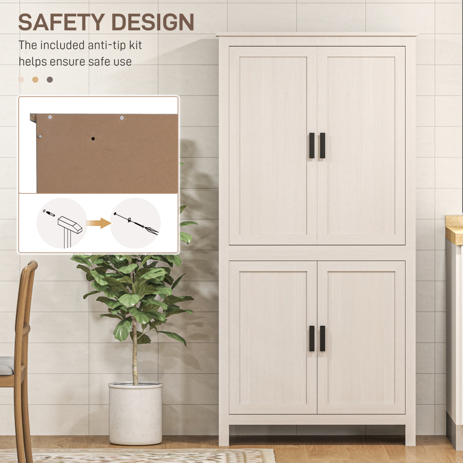 HOMCOM 64" Tall Kitchen Pantry Cabinet, Kitchen Pantry Storage Cabinet with 4 Doors and 3 Adjustable Shelves, Antique White