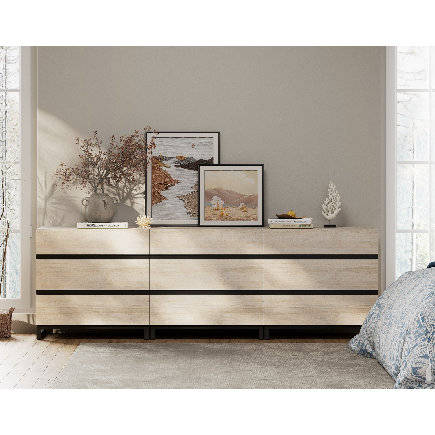 WAMPAT Dresser for Bedroom with 9 Drawers, 94.5" Wide Storage Organizer Chest of Drawers, Modern Wood Kid Dresser Baby Dresser for Living