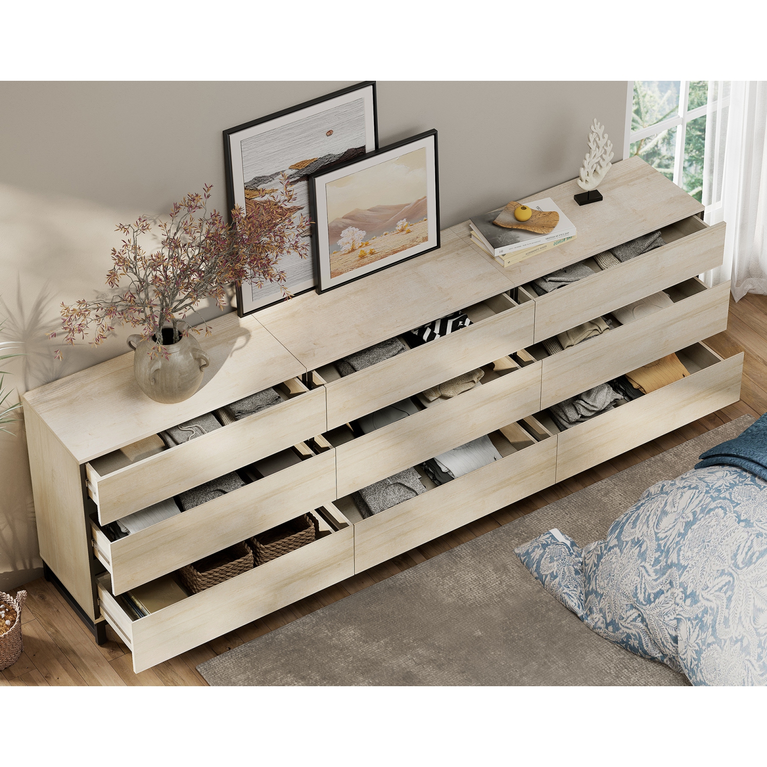 WAMPAT Dresser for Bedroom with 9 Drawers, 94.5" Wide Storage Organizer Chest of Drawers, Modern Wood Kid Dresser Baby Dresser for Living