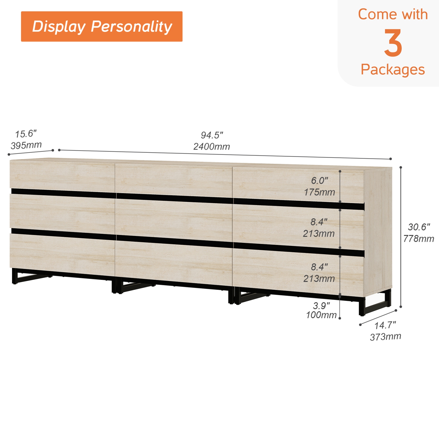 WAMPAT Dresser for Bedroom with 9 Drawers, 94.5" Wide Storage Organizer Chest of Drawers, Modern Wood Kid Dresser Baby Dresser for Living
